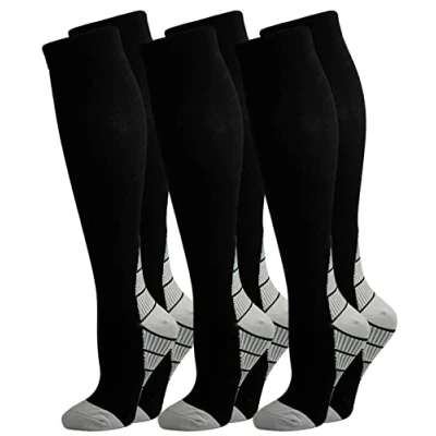 Image de Lot de 3 Paires Chaussettes Compression Contention pour Hommes et Femmes, Running, Sport, Cyclisme, Voyage en Avion Grossesse Maternité, Récupération (M, Gris)