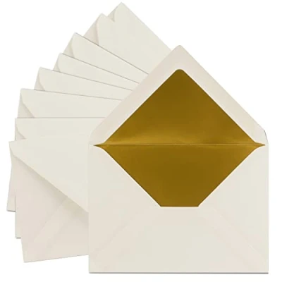 Image de Enveloppes à lettre doublées métallisées DIN C5 156 x 220 mm Fermeture humide avec rabat pointu 75 Umschläge Naturweiss Gold Futter