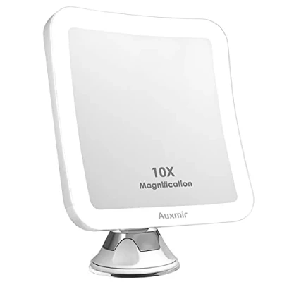 Image de Auxmir Miroir Grossissant 10X avec 16 Lumières LED, Forte Ventouse d&#039;attache Ajustable à 360 sans Fil, Alimentation Batterie (Non Incluse), Maquillage pour Salle de Bain, Voyage