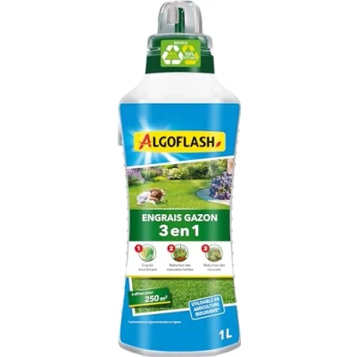 Image de ALGOFLASH Engrais Liquide Gazon 3 Actions, Utilisable en Agriculture Biologique, A diluer, Pour 100 m², 1 L, ALGAZBIO1000, nc