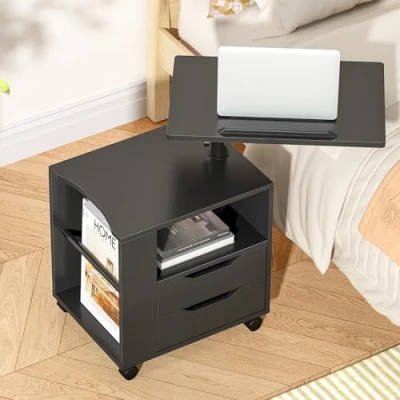 Image de soges Table de Nuit／Chevet 50 x 40 46 cm en Bois Basse lit/Canapé avec Une Tablette Rotatif ＆Inclinable pour Ordinateur Portable, Noir,CT1 BK