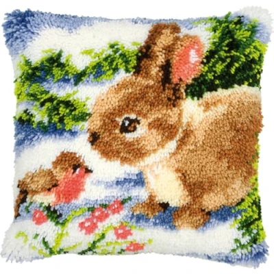 Image de Vervaco Kit coussin au point noué Lapin&amp;oiseau dans neige,Multicolore