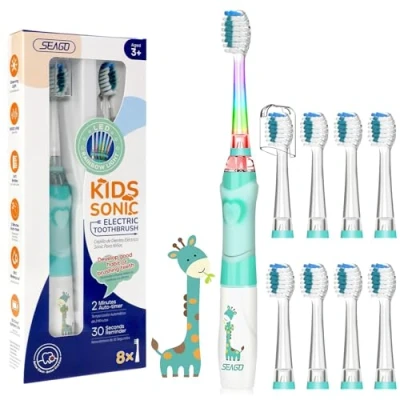 Image de Seago Enfants Brosse À Dents Électrique pour 3 12 Ans avec Minuteur Intelligente et Lampes à LED de Couleur 8 Douces Têtes Kids Filles Garçons SGEK6/SG977 (Vert FR)