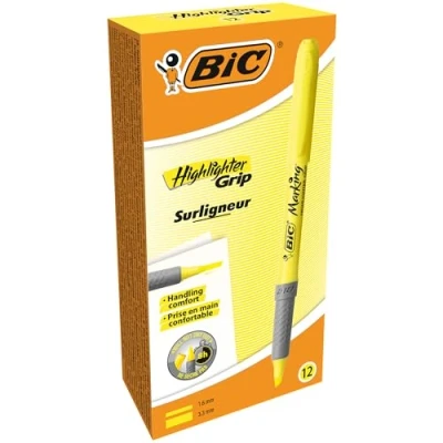 Image de BIC Highlighter Grip Surligneurs Pointe Biseautée Jaune, Boîte de 12