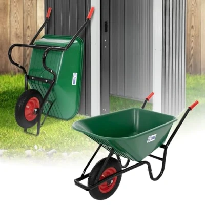 Image de ECD Germany Brouette de Chantier 100L, Benne PP Vert, Capacité Charge 150kg, Pneus Gonflables avec Jante en Métal, Construction, Poignées Robustes, Chariot Transport pour Le Jardin