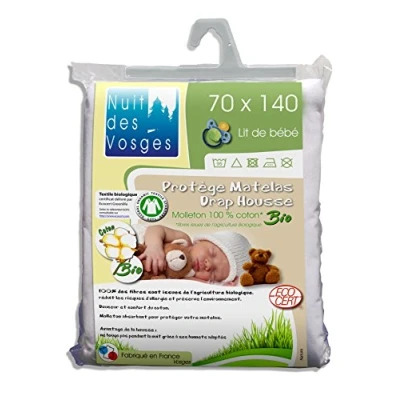 Image de Nuit des Vosges Protège Matelas Molleton Bio pour lit Bébé, 100% Coton, Blanc, 70 x 140 cm