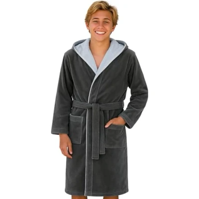 Image de Morgenstern robe de chambre enfant garçon avec capuche 100% coton taille 13 14 ans 158/164 couleur gris / clair tailles 134/140 à 170/176 disponibles