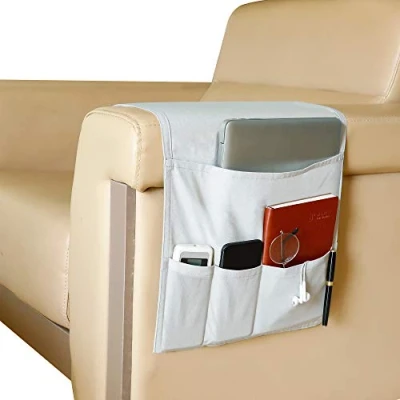 Image de Organiseur pour Canapé et Fauteuil, Support télécommande, Sofa Accoudoir Caddy avec 5 Poches, Sac de Rangement à Suspendre D&#039;accoudoir Magazine, Livres, Des lunettes, Gris