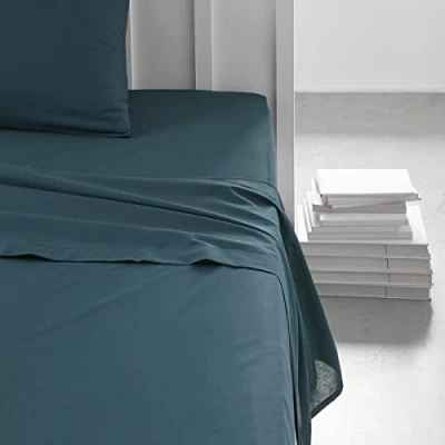 Image de Today Essential Drap Plat 2 Personnes 240X300 cm Coton Uni Bleu, Paon, Reine