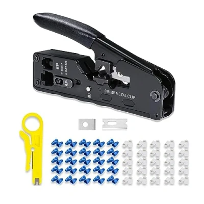 Image de 6COMGIGA Pince à sertir RJ45 RJ12 tout en un pour connecteur modulaire Cat5, Cat5e, Cat6, Cat6a, Cat7, avec mini dénudeur, 50 connecteurs et couvercles CAT6