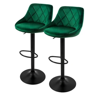 Image de ML Design Lot de 2 Tabourets Bar en Velours, Vert, Chaise Rembourrée avec Dossier et Repose Pieds, Réglable Hauteur 62 82 cm, Pivotante à 360, Tabouret Comptoir, Pub, Cuisine, Maison