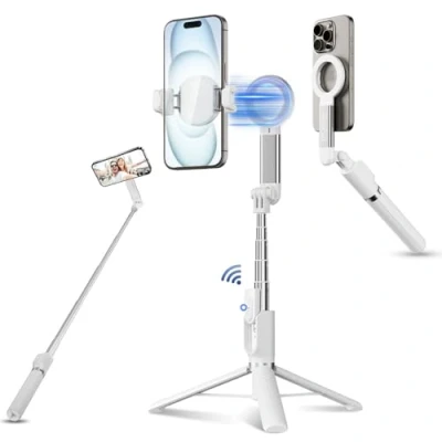 Image de JJC Perche à selfie magnétique, trépied extensible de 101,6 cm avec télécommande sans fil pour iPhone 16 15 14 13 12 (support MagSafe) et Samsung, Huawei, Google Smartphones plus (blanc)