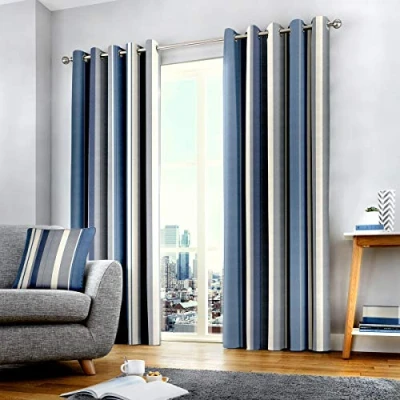 Image de Fusion Whitworth Stripe Paire de Rideaux à œillets 100 % Coton Bleu 117 x 137 cm (l H)