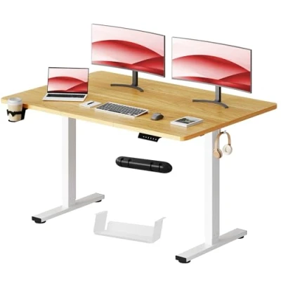 Image de SANODESK Bureau Assis Debout 110x60 cm, Plateau Complet, Table Électrique Réglable en Hauteur avec Crochet, Contrôle à Fonctions Mémoires, Érable