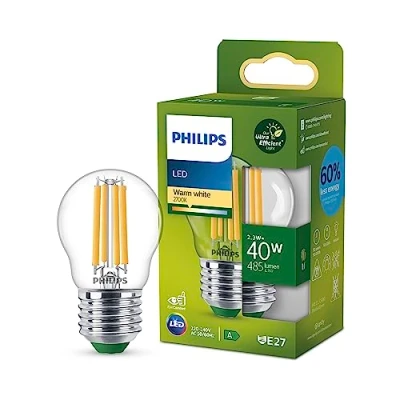 Image de Philips ampoule LED Ultra Efficient Classe A, 40W, culot E27, format sphérique, Blanc chaud 2700K, transparente, verre