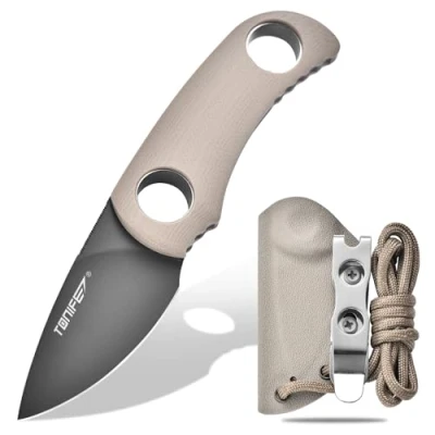 Image de TONIFE Runer Couteau de cou fixe avec fourreau et lanière,4,7cm lame Full Tang Edc pour l&#039;extérieur (Sable Chaud+Gary Titane)