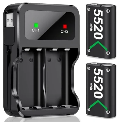 Image de HELLCOOL Batterie Manette Xbox, 2x5520mWh Rechargeable Xbox avec Affichage LED/Câble de Chargement, Chargeur pour One/S/X/Elite,Xbox Series S/X Controller