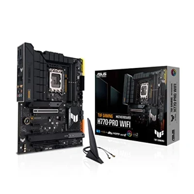 Image de ASUS TUF GAMING H770 PRO WIFI Carte mère Intel LGA 1700 ATX (DDR5, PCIe 5.0, 4 x 4.0 M.2, DisplayPort, HDMI, SATA 6, USB 3.2 Gen 2x2 Type C, Thunderbolt USB4, Aura Sync RGB)