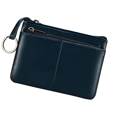 Image de porte monnaie en cuir véritable avec triple fermeture éclair et clés, noir foncé, Pochette à