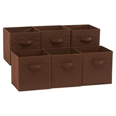 Image de Amazon Basics Lot de 6 cubes rangement pliables en tissu avec poignées, 26,6 x 27,9 cm, Marron Uni