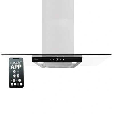 Image de Hotte aspirante 90 cm îlot Acier inoxydable Verre noir Wi Fi Suivi automatique Commande SensorTouch MULTI INSEL HC