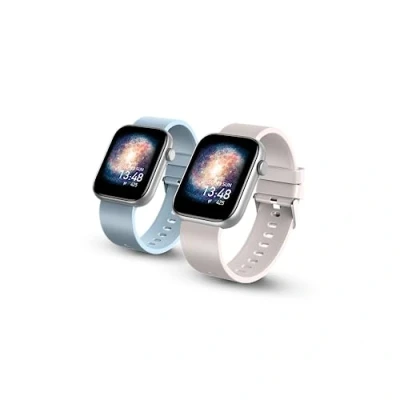Image de SPC Smartee Duo Smartwatch Montre Intelligente avec Bracelet Interchangeable, Grand écran 1,8, 21 Modes Sportifs, 7 Jours d&#039;autonomie, IP68, fréquence Cardiaque, Android et iOS Beige/Bleu Ciel