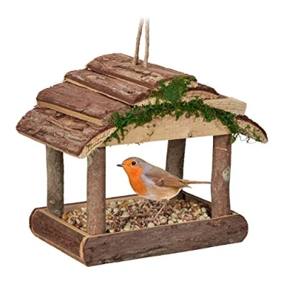 Image de Relaxdays Mangeoire pour Oiseaux en Bois, à Suspendre, HLP 19 x 22 16,5 cm, Jardin, Distributeur de Nourriture, Nature
