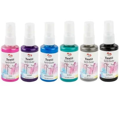 Image de ideen mit herz Peinture textile en spray permanent 6 x 50 ml couleurs haute brillance pour textiles clairs à base d&#039;eau (rose, violet, turquoise, bleu ciel, gris, noir)