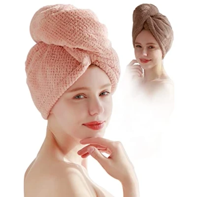 Image de JLDFV Serviette Microfibre Cheveux Sechage Rapide 2 Pack,Serviettes de Séchage pour avec Bouton,Super Absorbant Serviettes Turban Salon Coiffure