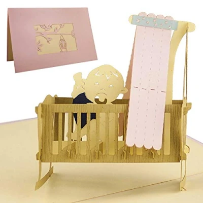 Image de carte pop up 3D berceau rose avec bébé Parfait pour annoncer ou naissance un baptême de fille. Peut être utilisé comme faire part, félicitations remerciements.
