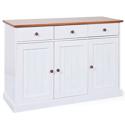 Image de Inter Link Commode Buffet Sideboard Pin massif 3 portes tiroirs Style rustique Pour salle à manger Salon Entrée Westerland 4.2 Blanc / Marron sépia