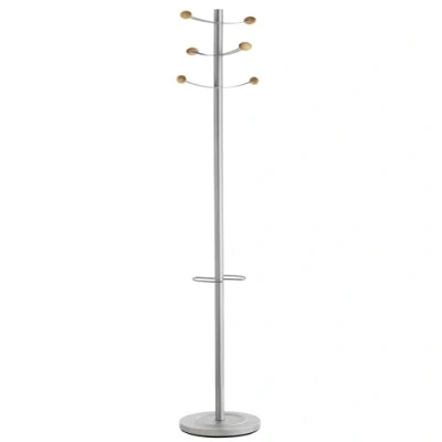 Image de Unilux 400069048 Bouquet Portemanteau sur pied 6 Patères avec Embouts en Bois Porte Parapluies et Egouttoir Acier 173 x 33 cm Gris métal/Bois hêtre