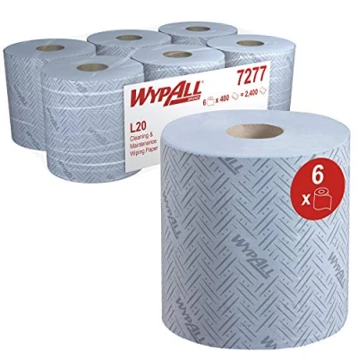 Image de WypAll Essuyeur en Papier L20 Bleu pour Nettoyage et Entretien 7277 Bobines à Dévidage Central 2 Épaisseurs 6 Bleues x 400 Essuyeurs (2,400 au total)