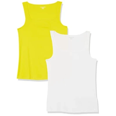 Image de Amazon Essentials Débardeur à Encolure carrée, Coupe étroite Femme, Lot de 2, Blanc/Jaune Citron, XL