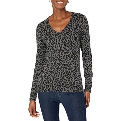 Image de Amazon Essentials Pull Col en v À Manches Longues Léger Coupe Classique (Grandes Tailles Disponibles) Femme, Gris Chiné Imprimé Léopard, XS