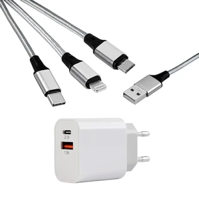 Image de MUTTO Pack Chargeur Mural Universel 5 V2 A/10 W avec 2 Ports USB + 3 en 1 Multi câble de Charge vers Micro USB/USB C/Lightning Compatible iPhone, Samsung, Huawei, Xiaomi
