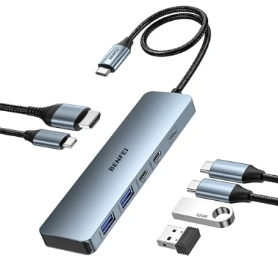 Image de Hub USB C BENFEI 100 W Puissance 10 Gbit/s et boîtier en aluminium silicone compatible avec iPhone 15 iPad XPS17 HDMI 6 1(4K@60Hz), Livraison, 2USB A C,