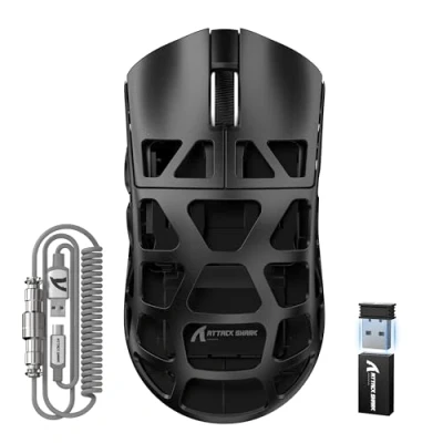 Image de ATTACK SHARK R3PRO 46g Souris Super Léger en Alliage de Magnésium, 8000Hz Polling Rate, 26000DPI, 2,4G/BT/Filaire, Capteur PixArt PAW3395, G502, Programmables avec Câble Spiralé, PC/Mac, Noir