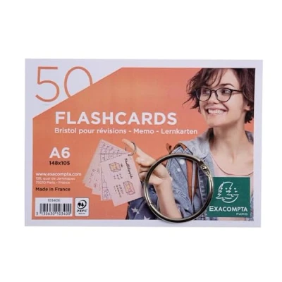 Image de Exacompta Réf. 10340E Carton de 19 paquets 50 Flashcards sous film + anneau bristol ligné perforé format A6 couleur aléatoire blanc, bleu, jaune, rose, vert