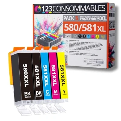 Image de 123CONSOMMABLES 580XXL 581XXL Cartouches d&#039;encre Compatible avec Canon 581 580 XXL pour TS8150 TS6150 TS8250 TS6151 TR8550 TR7550 TS8151 TS9150 (2 Noir / 1 Cyan Magenta Jaune) Neuf