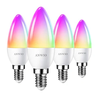 Image de ANWIO 5W WIFI Ampoule Connectee LED E14 Smart WLAN et Bluetooth, C37 RGB Remplace 40W, Intelligent, Contrôlable via Tuya Life APP, Lot de 4