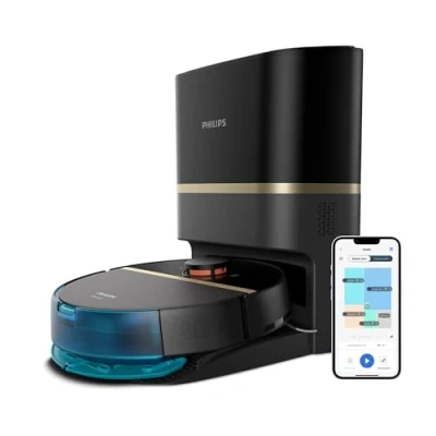 Image de Philips Homerun Série 7000 Robot Aspirateur Laveur, Haute Puissance d&#039;aspiration (5000 Pa), Détection des Petits Objets, avec Station, pour Tapis et Poils d&#039;animaux, Noir, App Connectée, XU7100/01