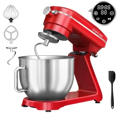 Image de CHEFREE Robot Patissier Multifonction 1800W, Corps Métallique, Rotation Planétaire 10 Vitesses, Cuisine avec un Bol 7L, Crochet à pâte, Fouet, Batteur, Rouge, M500