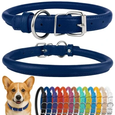 Image de CollarDirect Collier de Chien en Cuir roulé, Chiot Rond rembourré Doux, véritable Fait à la Main pour Petit Grand Chat (35 40 cm, texturé Bleu foncé)