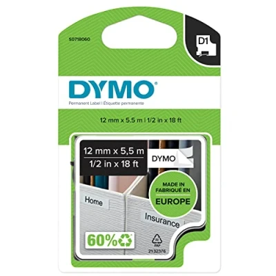 Image de DYMO D1 étiquettes autocollantes authentiques de hautes performances en nylon 12mm x 5,5m impression noir sur fond blanc pour étiqueteuses LabelManager