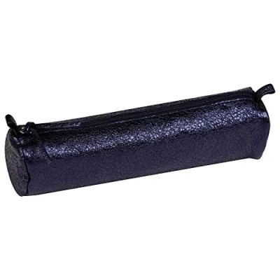 Image de Clairefontaine 410025C Trousse Scolaire Ronde Bleue Effet miroir craquelé Ø5,5x22 cm en Véritable Cuir d&#039;Agneau Fourniture Crayons de Couleurs Etui à Porte Plume