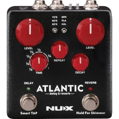 Image de Nux NDR 5 Atlantic Pédale de délai et réverbération, technologie Core Image (fonction Smart TAP, 3 effets délai, entrée TRS, sortie stéréo, connecteur USB, alimentation 9 V DC), Noir