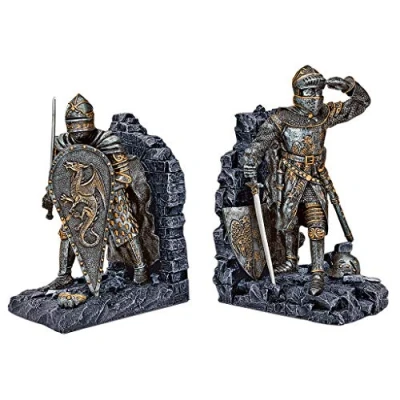 Image de Design Toscano Chevalier Arthurien Décor Médiéval Statues Serre Livres, 20.25 cm, Ensemble de Deux, polyrésine, pierre grise