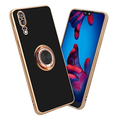 Image de cadorabo Housse Compatible avec Huawei P20 en Glossy Noir Or Anneau Étui de Protection Silicone TPU, pour Appareil Photo et Support Voiture magnétique