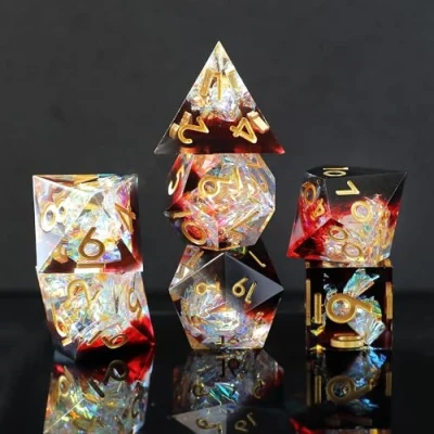 Image de Dés DND Set 7 pièces Résine Polyédriques Sharp Edge Dice Faits à la Main pour Donjons D4 D6 D8 D10 D12 D20 D% Dragons MTG Ttrpg Pathfinder RPG Jeu de Role avec Boîte Cadeau